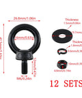 12 Pack M6 Stainless Steel Eye Bolts With Nuts And Washers, Heavy Duty Lifting Eyebolts For Rigging Machinery Marine And Garage Use, Built Tough 41.5mm By 26.8mm Overall Size And M6x12mm Thread; black eye bolt with nut and washer dimensions