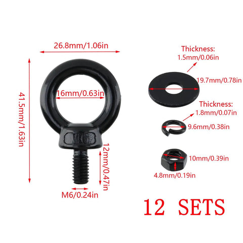 12 Pack M6 Stainless Steel Eye Bolts With Nuts And Washers, Heavy Duty Lifting Eyebolts For Rigging Machinery Marine And Garage Use, Built Tough 41.5mm By 26.8mm Overall Size And M6x12mm Thread; black eye bolt with nut and washer dimensions