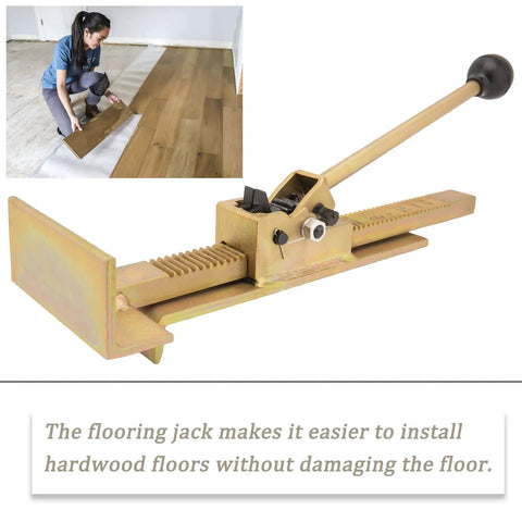 Flooring Jack For Hardwood Floors Pro Grade Positioning Tool DIY Friendly For Installing Straightening Laminate Wood Tile Floors Heavy Duty Steel Build Easy On Surfaces, shown with a person using it on wooden floor.