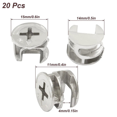 Heavy Duty Zinc Alloy Cam Lock Fasteners 20 Pack, 15mm connectors for cabinet assembly and plywood repair.