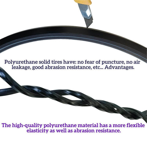 Close-up of Universal 24 Inch No Flat Polyurethane Wheelchair Tires Pair With Mounting Tools And Straps Included Fits Nine Spoke 24 Inch Plastic Wheels From All Brands showing elasticity and abrasion resistance features
