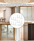 Collage showing 4 Pack Universal Closet Door Floor Guide Kit For One Three Eighths Inch Thick Doors ABS Sliding Door Bottom Guide White Durable Plastic Rail System With Eight Screws For Easy Installation used on different sliding doors.