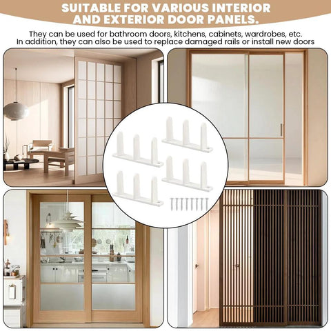 Collage showing 4 Pack Universal Closet Door Floor Guide Kit For One Three Eighths Inch Thick Doors ABS Sliding Door Bottom Guide White Durable Plastic Rail System With Eight Screws For Easy Installation used on different sliding doors.