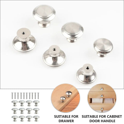 12 Pack 304 Stainless Steel Single Hole Cabinet Drawer Handles With Screws Silver Dome Shaped Door Pulls displayed with screws