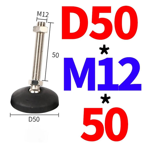 No Sweat Adjustable Furniture Levelers 4 Pack Swivel Articulating Feet M12 with D50 dimensions and rubber base for stability.