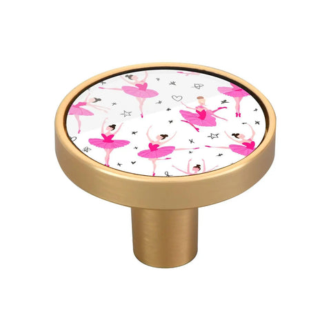 Cool Chic Ballerina Girls Cabinet Knobs 4 Pack, Round Drawer Pulls 1-1/4 Inch, gold knob with ballet design.