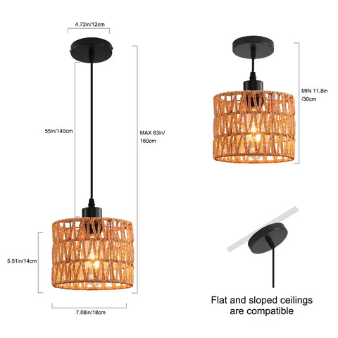 Total Vibe Hand Woven Rattan Pendant Light, 55 inch high, black metal and wicker, ideal for kitchens and dining areas.