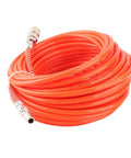 Heavy Duty Air Compressor Hose 20M With One Quarter Inch NPT Connector For Pneumatic Tools Auto Repair Shops Plus Home Garages High Pressure PU Tube 15Bar Handle Tire Inflation Impact Wrench Job Sites Workshop Beast Top Tier Pro Grade Build Red coiled orange PU hose with metal fittings