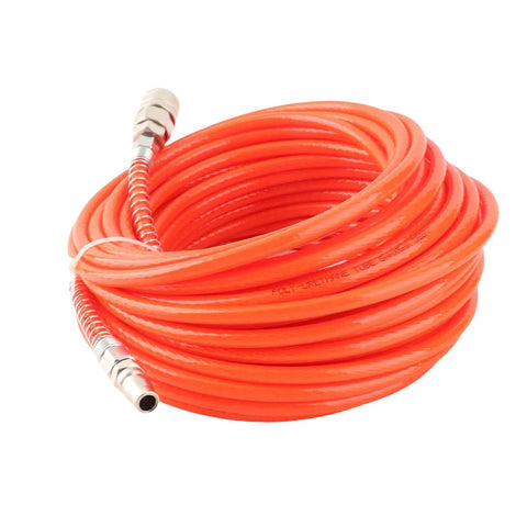 Heavy Duty Air Compressor Hose 20M With One Quarter Inch NPT Connector For Pneumatic Tools Auto Repair Shops Plus Home Garages High Pressure PU Tube 15Bar Handle Tire Inflation Impact Wrench Job Sites Workshop Beast Top Tier Pro Grade Build Red coiled orange PU hose with metal fittings