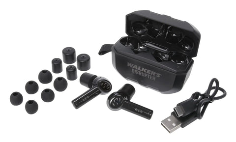 Disrupter Bluetooth Earbuds For Hunting And Range Shooting Active Lifestyle Beast Mode Hearing Protection Noise Canceling Sound Enhancement Rechargeable Wireless Earbuds, case, ear tips, USB-C cable