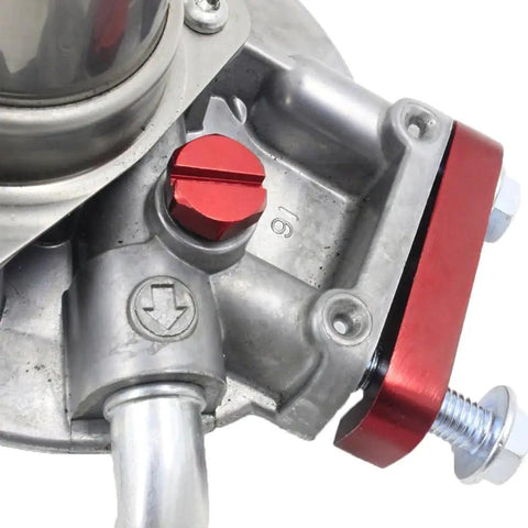 Close-up of GM Duramax Diesel Fuel Filter Bleeder Screw Replacement, Billet Aluminum Red, Durable Replacement For 2001-2017 Models