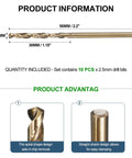 2 Point 5mm Drill Bit Set 10 Pc High Speed Steel Straight Shank 118 Degree Gold Finish For Copper Aluminum Wood Plastic And Light Metals DIY Friendly Handyman Grade Kit For Everyday Home Projects, showing dimensions and features