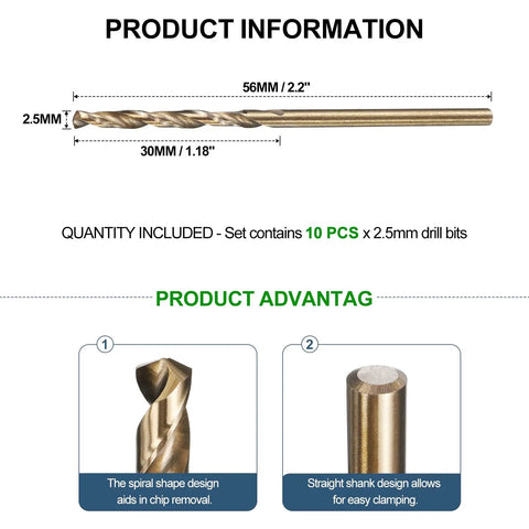 2 Point 5mm Drill Bit Set 10 Pc High Speed Steel Straight Shank 118 Degree Gold Finish For Copper Aluminum Wood Plastic And Light Metals DIY Friendly Handyman Grade Kit For Everyday Home Projects, showing dimensions and features