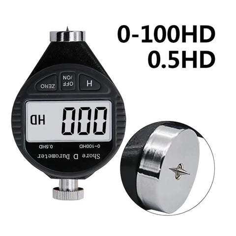 Professional Digital Shore Durometer Rubber Hardness Tester Meter displaying digital readings and metal probe for elastomer testing.