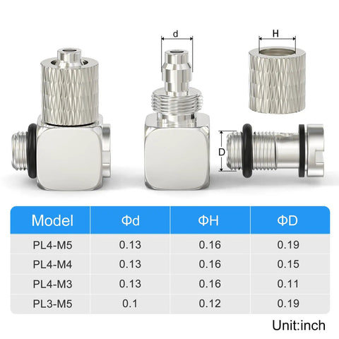 Elbow Quick Release Fittings 4mm Tube OD M5 Thread Copper Locking Pneumatic Couplings shown with dimensions and models