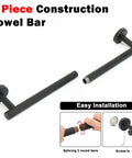 Matte Black 18 Inch Wall Mounted Towel Bar Made From Rustproof Stainless Steel for Bathrooms and Kitchens shown in two pieces with installation instructions