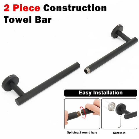 Matte Black 18 Inch Wall Mounted Towel Bar Made From Rustproof Stainless Steel for Bathrooms and Kitchens shown in two pieces with installation instructions