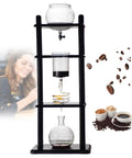 Top Shelf SlowDrip Cold Drip Coffee Maker Featuring A Spacious 32 Oz Cold Brew Tower with black wooden base and borosilicate glass.