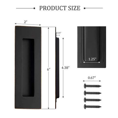 Oil Rubbed Bronze Pocket Door Pull And Edge Pull Set dimensions with 6 inch recessed finger flush handles, stainless steel hardware latch display