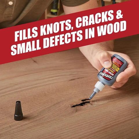 Heavy-Duty Bullet-Proof CA Super Glue For Woodworking And Repairs - Jet Black Rubber Toughened Gap Filling Ethyl Cyanoacrylate Adhesive - 2 Oz applied to a wood defect.