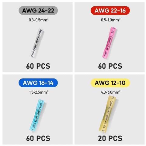 Heat Shrink Butt Connectors Kit 200 Pieces For AWG 24 Wire 4 Sizes Insulated Waterproof Electrical Marine And Automotive Crimp Terminals With Pro Grade Heavy Duty Copper Barrels For Secure Low Resistance Connections, four sizes shown