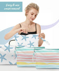 Woman holding Rainbow Waves Wet Dry Bag Set For Beach And Travel Waterproof Swimwear Toiletry Organizer, starfish pattern bag visible.