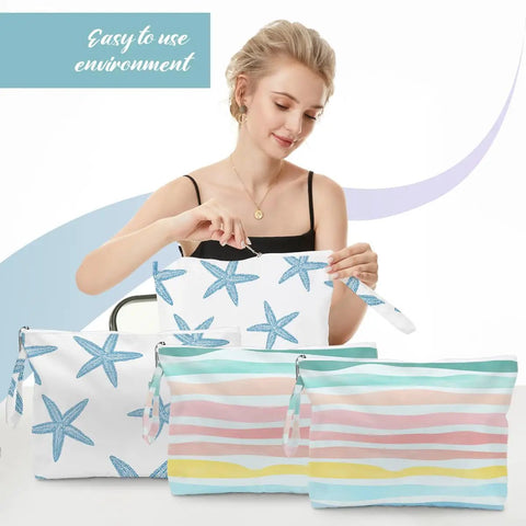 Woman holding Rainbow Waves Wet Dry Bag Set For Beach And Travel Waterproof Swimwear Toiletry Organizer, starfish pattern bag visible.