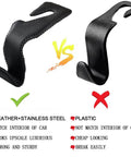 Comparison of microfiber leather headrest hook and plastic hook with pros and cons; Universal Back Seat Headrest Hooks For Purses Bags Groceries Cloth And Drinks And More Microfiber Leather And Stainless Steel Car Hanger Heavy Duty 45 Pounds Capacity Per Hook Soft Protective Finish Prevents Scratches Keeps Your Ride Tidy And Handy.