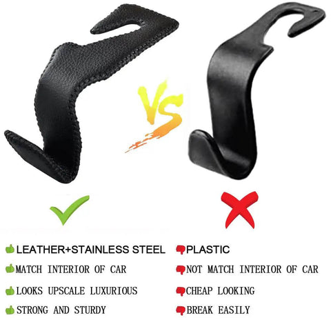 Comparison of microfiber leather headrest hook and plastic hook with pros and cons; Universal Back Seat Headrest Hooks For Purses Bags Groceries Cloth And Drinks And More Microfiber Leather And Stainless Steel Car Hanger Heavy Duty 45 Pounds Capacity Per Hook Soft Protective Finish Prevents Scratches Keeps Your Ride Tidy And Handy.