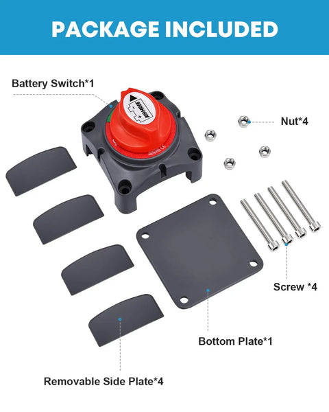 Beefy Heavy Duty 12V To 48V Battery Disconnect Switch package with components, including 4 mounting bolts and a bottom plate