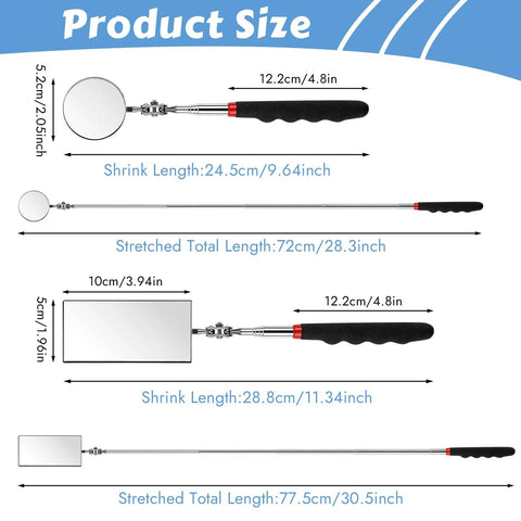Two Piece Telescoping Inspection Mirror Set With 360 Degree Swivel And Extendable Arm Includes Round 2.05 Inch And Rectangular 3.94 By 1.96 Inch Mirrors For Mechanics Automotive Repair Contractors And Home Inspection size chart showing mirror dimensions and extensions.