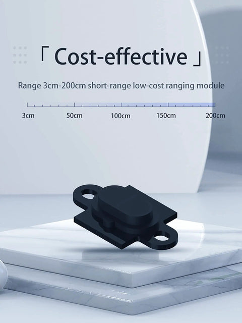 Budget Friendly Short Range LiDAR Sensor 3cm-200cm for drones and robots with UART I2C on a white display.