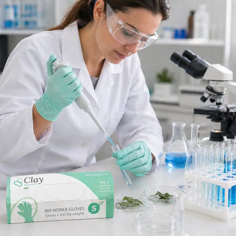 Kickass Sustainable Nitrile Gloves In Vibrant Green, Premium Powder Free And Latex Free Disposable Safety Wear For Restaurant Shifts And Weekend Projects, Hella Grippy 100 Count Large Box worn by a scientist working in a lab.