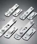 Two Pack White Stainless Steel Barn Door Latches For Gate And Sliding Doors Flip Bi-Fold Lock Antique Style Suitable For Wine Cabinets And Closets Durable Rust-Resistant Finish Small White Size shown in white and matte white options.