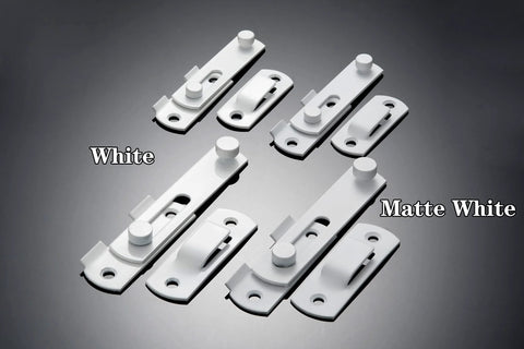 Two Pack White Stainless Steel Barn Door Latches For Gate And Sliding Doors Flip Bi-Fold Lock Antique Style Suitable For Wine Cabinets And Closets Durable Rust-Resistant Finish Small White Size shown in white and matte white options.
