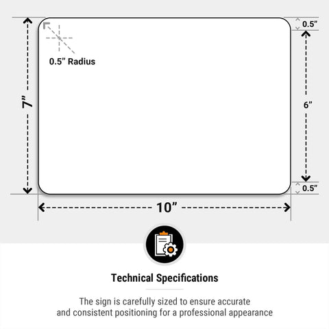 Technical specifications of Heavy Duty Reflective Aluminum Employees Only Sign 10x7 inch dimensions and rounded corners.