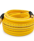 Heavy Duty 3/8 Inch By 25 Ft Hybrid Air Compressor Hose With Kink Resistant Build And Solid Brass Male Fittings coiled self-holding design.