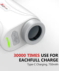 Close-up of white Range Finder With Slope For Golf Up To 1200 Yards featuring Type-C charging port and battery details