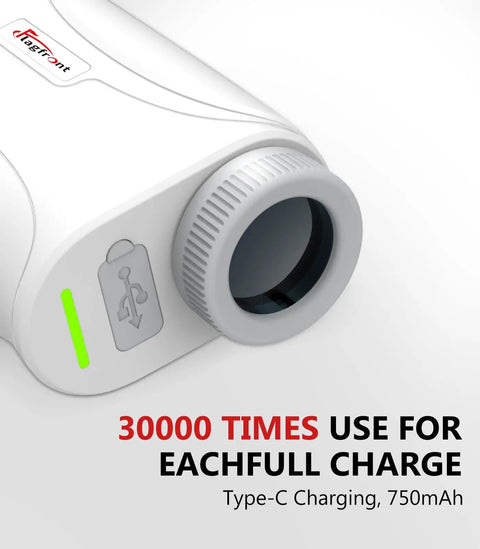 Close-up of white Range Finder With Slope For Golf Up To 1200 Yards featuring Type-C charging port and battery details