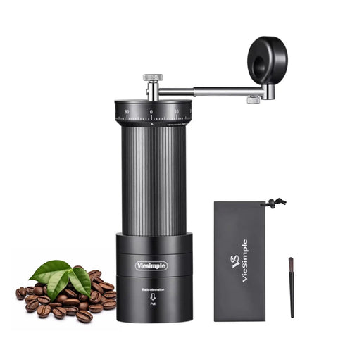 Portable Manual Coffee Grinder With Foldable Handle And External Adjustment For A Clean Grind Aluminum Body And Stainless Steel Burr For Consistent Espresso And Drip Grinds Ideal For Travel Camping And Home Use On The Go, shown with coffee beans and storage pouch.