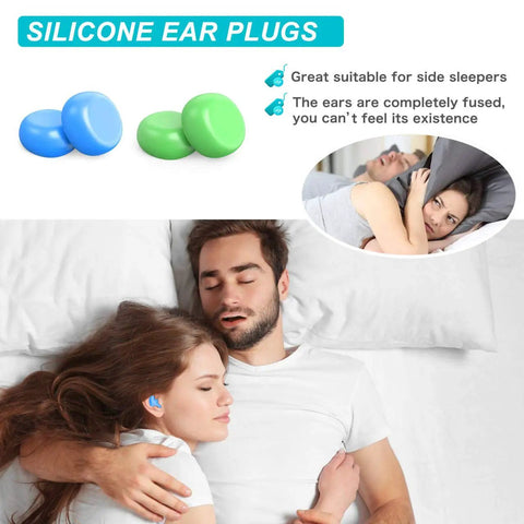 Couple sleeping with blue moldable silicone ear plugs for noise reduction. Custom Moldable Silicone Ear Plugs For Sleep And Travel.