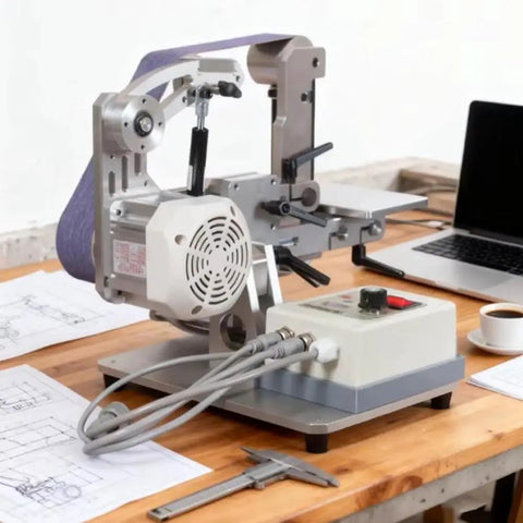 Rock Solid Shop Grade Belt Sander And Polisher With Heavy Duty 750 Watt Motor For Efficient Woodworking Trimming And Dual Vertical Grinding Work on a workbench with sketches.