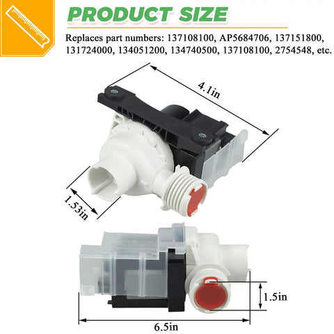 Washer Drain Pump Replacement For Kenmore Frigidaire Washers With Quiet Operation And 365 Day Warranty Easy Install Fits 137108100 134740800 AP5684706 134740500 PS7783938 Replacement Part, 6.5in