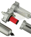 Three Eighths Inch Inline Air Filter And Desiccant Dryer Combo For Spray Guns And Paint Booths, shows parts and refills
