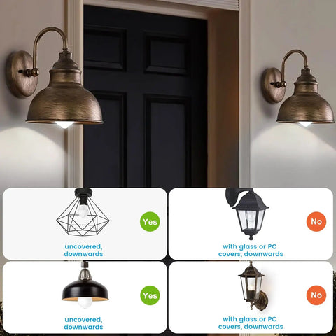 Comparative illustration of lighting fixtures for use with Motion Sensor LED Bulbs 13W 100W Equivalent Dusk to Dawn Lights.