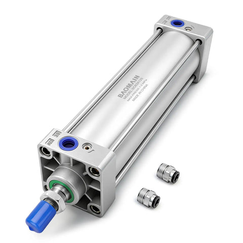 Pneumatic Air Cylinder With Two And A Half Inch Bore And Four Point Nine Two Inch Stroke Heavy Duty Double Acting Single Rod M Sixteen By One Point Five Threaded Rod Includes Two Push In Fittings For Three Eighths Port.
