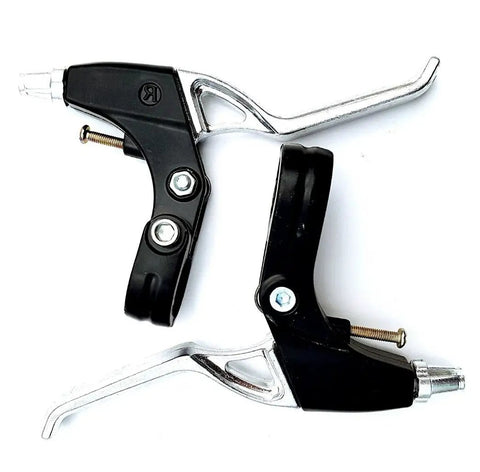 Black and silver brake levers from Front And Rear Disc Brake Kit With Aluminum Calipers For Mountain And Road Bikes, 160 Mm Rotors.
