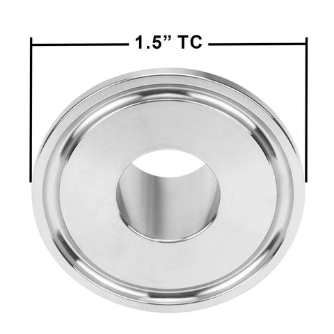 Stainless steel sanitary pipe fitting, 3/4 GHT male to 1.5 in Tri-Clamp, close-up