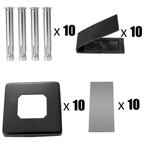 Glass Railing Clamp Spigots Kit For Balcony Deck Garden Handrail Black 304 Stainless Steel Fits Glass Three Tenths Of An Inch Thick No Drill Easy Install Pack Of 10 showing components.