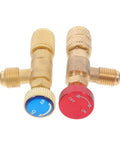 Two Piece R410 To R22 Adapter Valve Core Removal Kit For Refrigeration Service And Electric Vehicle Charging Gear Offering No Sweat Straight Flow Access With Reliable Heavy Duty Construction, brass valves with blue and red knobs.